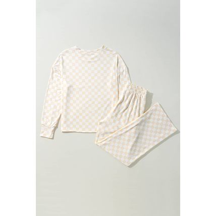 Beige Checkered Print Long Sleeve Top and Pants Lounge Set