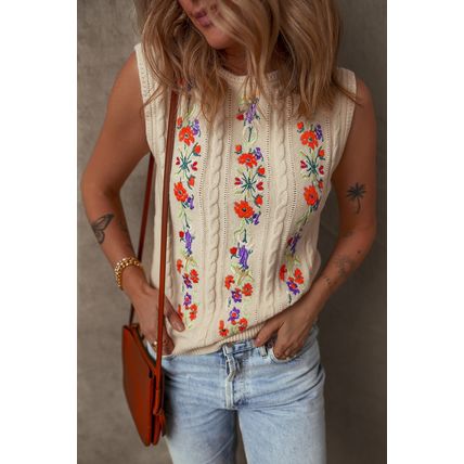 Jet Stream Embroidered Floral Cable Knit Sweater Vest