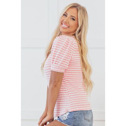 Pink Stripe Textured Puff Sleeve Crewneck Top