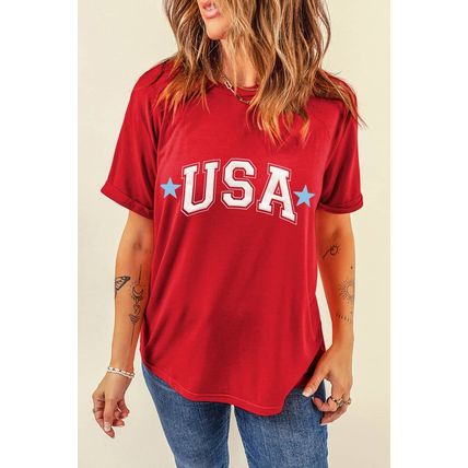 Red Star USA Print Crewneck Patriotic T Shirt