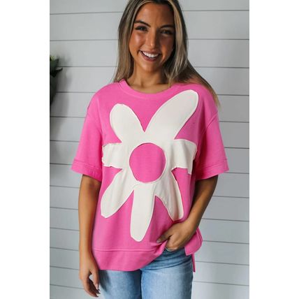Sachet Pink Contrast Flower Drop Shoulder Loose T Shirt