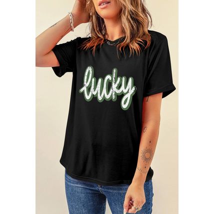 Black St Patricks Day lucky Cracked Letter Graphic T Shirt