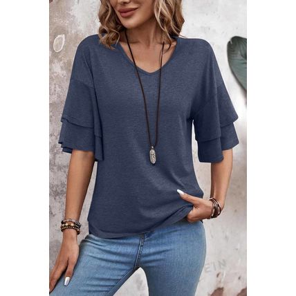 Sail Blue Solid Colour V-Neck Double Layer Sleeve Loose T-Shirt