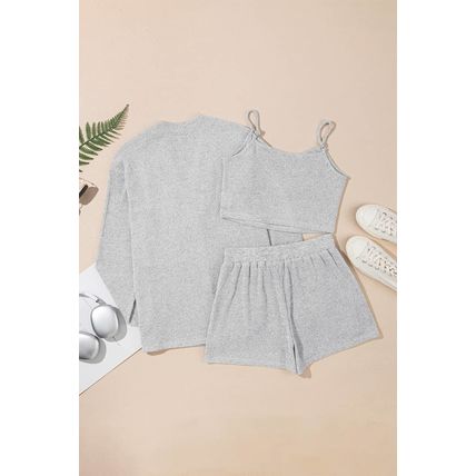 Light Grey 3 Pieces Rib Crop Camisole Matching Shorts Lounge Set with Cardigan