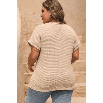 Oatmeal Lace Patchwork Waffle Short Sleeve Plus Size Top