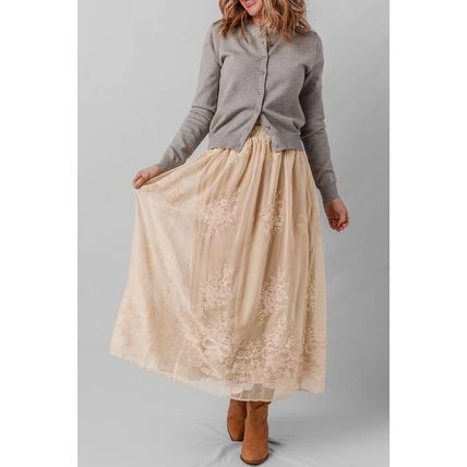 Oatmeal Embroidered Mesh Overlay Flowy Long Skirt