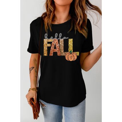 Black Hello Fall Letter Pumpkin Printed Thanksgiving T Shirt