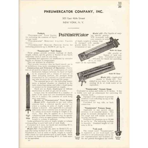 pneumercator company 1936 pressure vacuum tank gauges vintage catalog