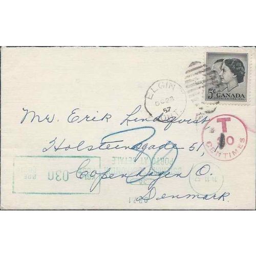 Canada Postage Due 1957 Queen Elizabeth to Denmark, meter due