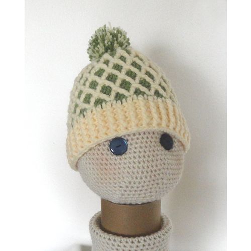 HAT unisex pompom trellis design crochet green & cream winter ski #CTH001