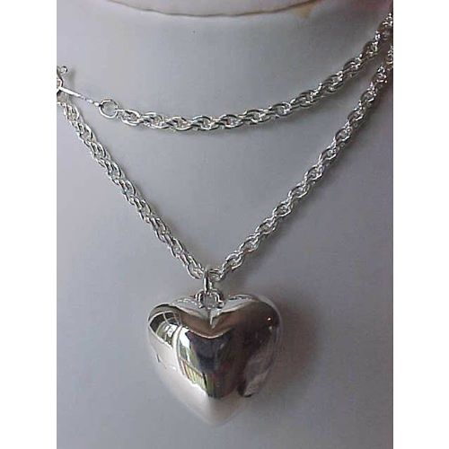 Silver Heart Necklace Heart Pendant Rope Chain Necklace 18" 3D Silver Heart 1"