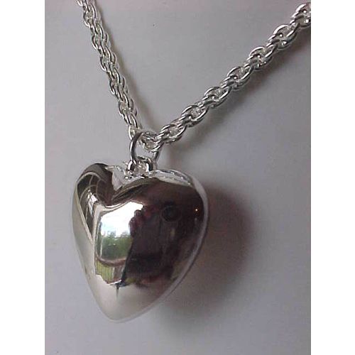 Silver Heart Necklace Heart Pendant Rope Chain Necklace 18" 3D Silver Heart 1"