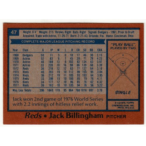 1978 Topps baseball card 47 Jack Billingham - Reds