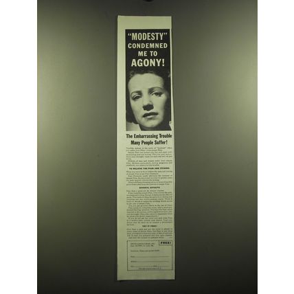 1939 Grove Laboratories Pazo Ointment Ad - Modesty condemned me to Agony