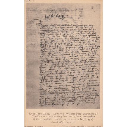 Lady Jane Grey Letter To William Parr Northampton Old Exhibit Postcard