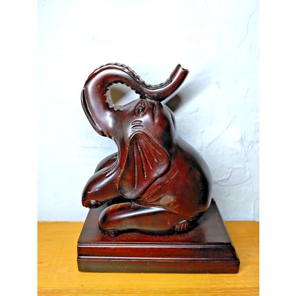 Indonesian/Mahogany Wood Elephant Sitting Sculpture/Carving Selamat Designs