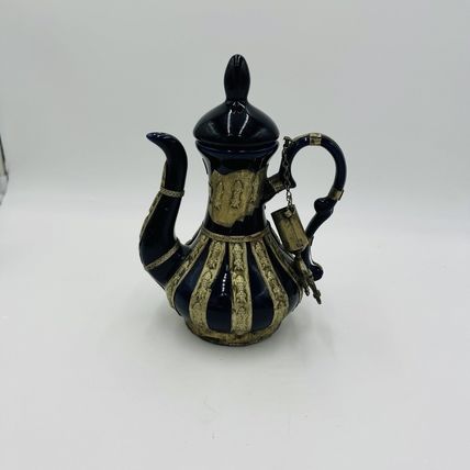 Antique Chinese Blue Cobalt Ornate Brass Design Teapot Porcelain