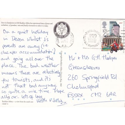 Buckfast Abbey Devon Postcard posted 1985 creased
