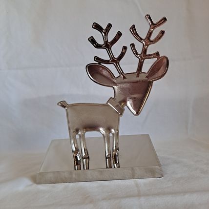 Metal Silver REINDEER Christmas STOCKING HANGER Mantel Holder Hook Snow Enamel