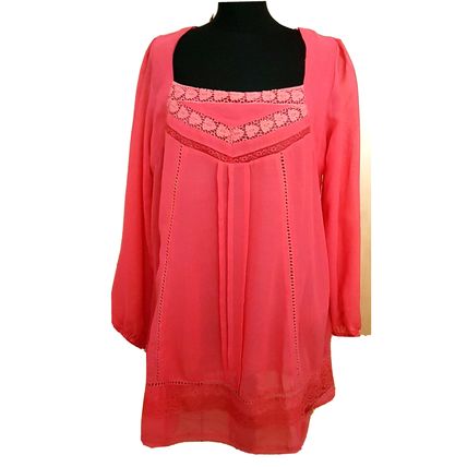 Pink Lace Inserts Embroidery Top Tunic Lined in Cotton Size 16 UK
