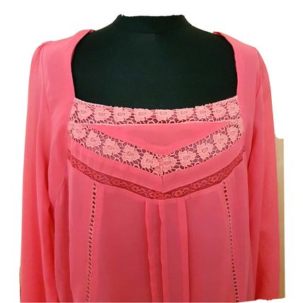 Pink Lace Inserts Embroidery Top Tunic Lined in Cotton Size 16 UK