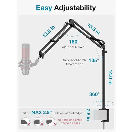 Innogear Desk Mic Stand, 360° Rotatable Overhead Mic Boom Arm Microphone Stands