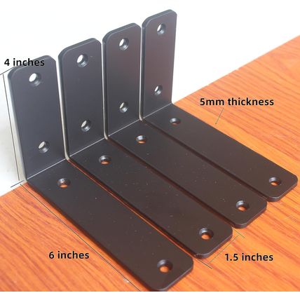 4 Pack - L 6" X H 4" X W1.5", 5Mm Thick Black L Shelf Bracket, Iron Shelf Bracke