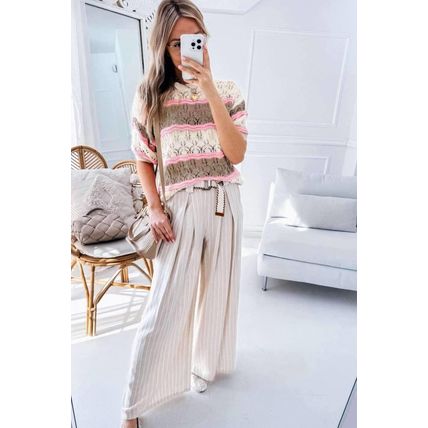 Brown Stripe Color Block Hollow Out Crochet Half Sleeve Sweater