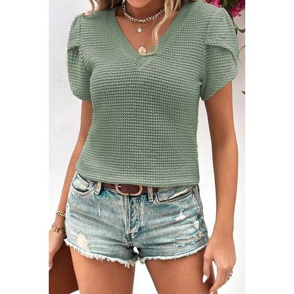 Mist Green V Neck Petal Sleeve Waffle Knit T-Shirt