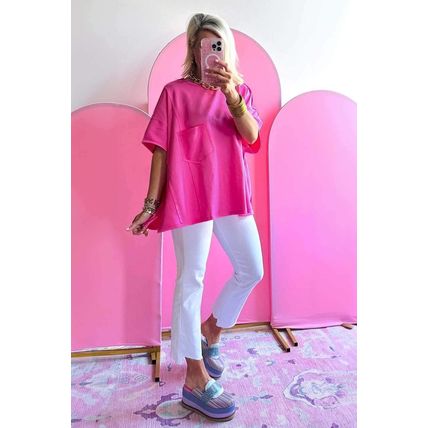 Bright Pink Patched Pocket Exposed Seam Oversize T-shirt