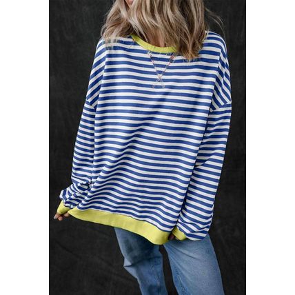 Blue Stripe Oversized Contrast Trim Pullover Sweatshirt