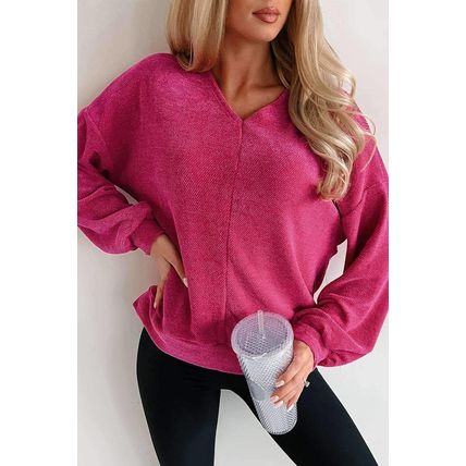 Rose Red Textured Long Sleeve V Neck Top