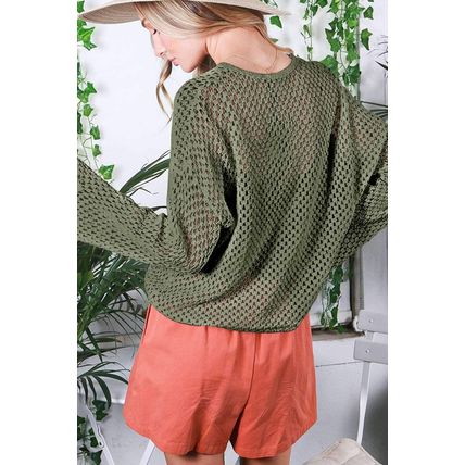 Vineyard Green Open Knit Buttoned Neck Split Sleeve Sweater