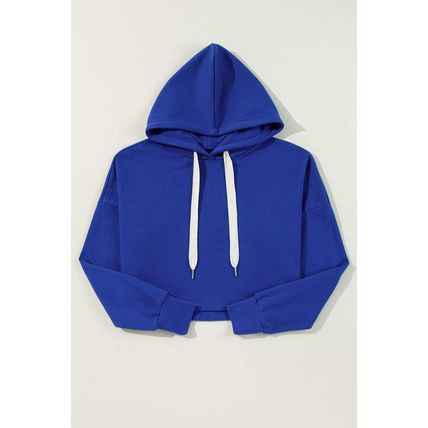 Dark Blue Solid Drop Shoulder Drawstring Cropped Hoodie