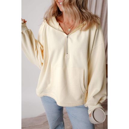 Beige Fleece Lined Half Zipper Kangaroo Pockets Loose Hoodie