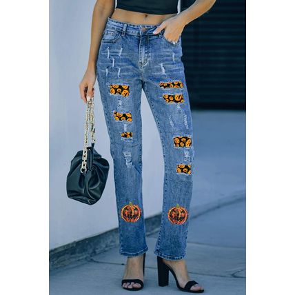 Sky Blue Halloween Pumpkin Patchwork Distressed Straight Leg Jeans