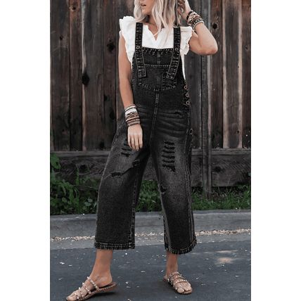 Black Distressed Bib Pocket Wide Leg Denim Overall