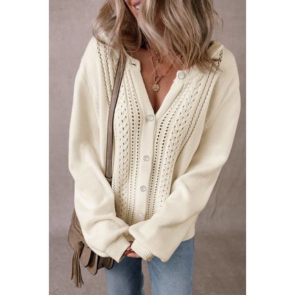 Apricot Pleated Sleeve Hollow Detail Button Sweater Cardigan