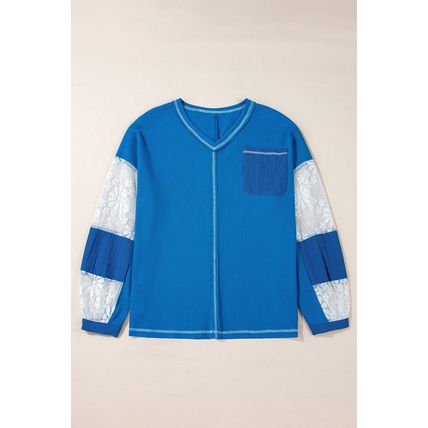Sky Blue Lace Floral Patchwork Sleeve Stitching V Neck Rib Knit Blouse