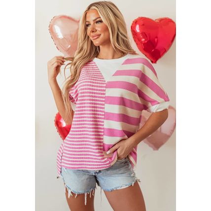 Pink Stripe Patchwork Textured Short Sleeve High Low Loose Top