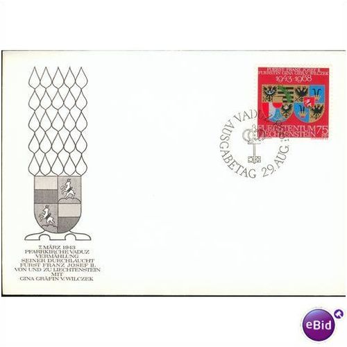 Liechtenstein FDC 1968 - SG 491 -Silver Wedding Anniv Franz Josef & Duchess Gina