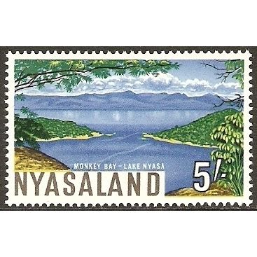 Nyasaland QEII 1964 5s blue, green, yellow & black Mounted Mint MM SG 208 stamp