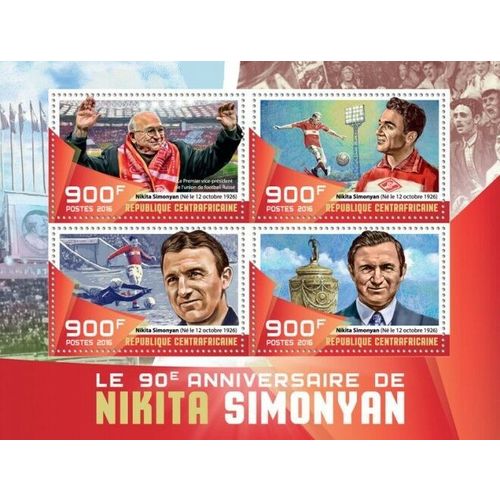 CENTRAL AFRICA 2016 SHEET MNH NIKITA SIMONYAN FOOTBALL PLAYERS SOCCER 5