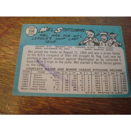 1965 Topps, MEL STOTTLEMYRE, Hi # 550, Yankees, SP RC