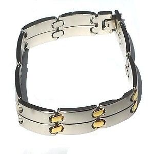 Stainless Steel 8 1/2 inch Link Bracelet with gold accents.