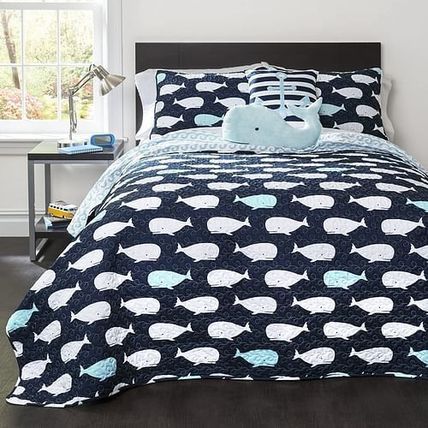 Full/Queen 5 Piece Bed In A Bag Navy Teal Microfiber Waves Whales Quilt Set
