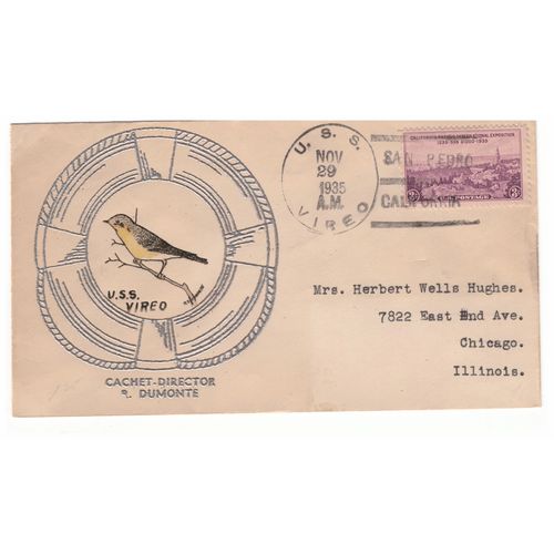 UNITED STATES OF AMERICA USA 1935 USS VIREO DUMONTE BIRD CACHET COVER SAN PEDRO