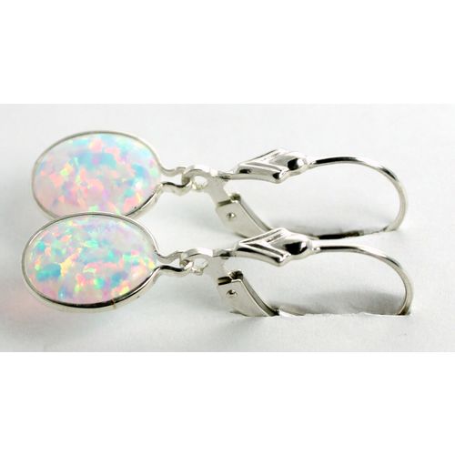 Created White Opal, 925 Sterling Silver Leverback Earrings, SE101