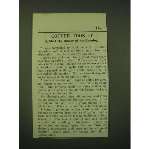 1902 Postum Food Coffee Ad - Coffee took it robbed the doctor of his cunning