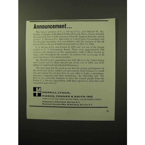 1964 Merrill Lynch Brokers Ad - Announcement